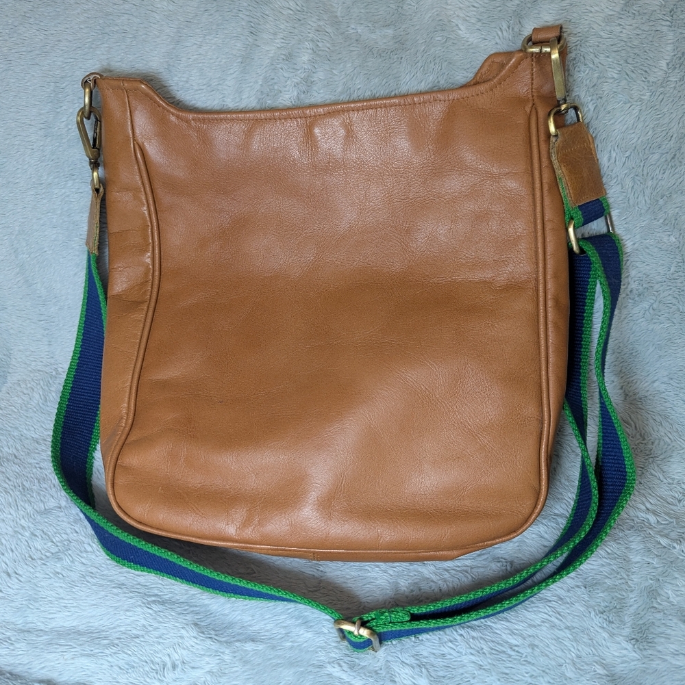 Panache Crossbody Tan Leather Bag With Blue And Green Camera Bag Style Strap.